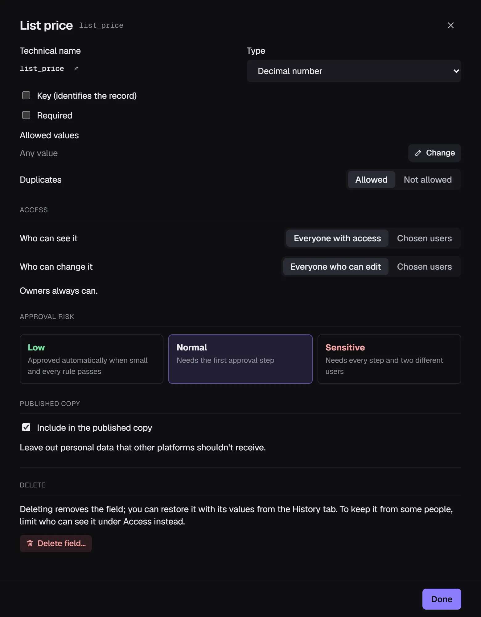 A field's settings with access limited to chosen users
